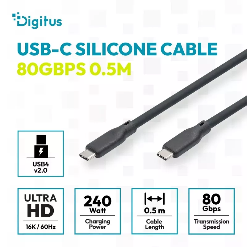 DIGITUS USB4 Version 2.0 Silicone Cable USB-C to USB-C 80Gbps 240W 16K 0.5m Black AK-300350-005-S