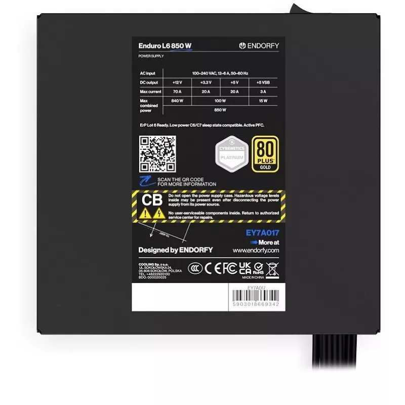 ENDORFY Enduro L6 850 W barošanas bloks 20+4 pin ATX 3.1 80 PLUS Gold Melns