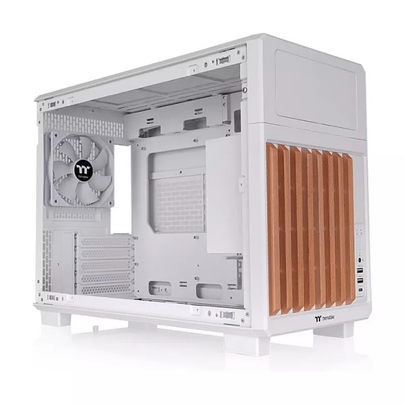 Thermaltake TR200 WS Snow White — Micro-ATX PC korpuss, siets ar īstu koka priekšējo apdari, 1x 120mm ventilators, USB-C, 360mm radiators / 365mm GPU atbalsts