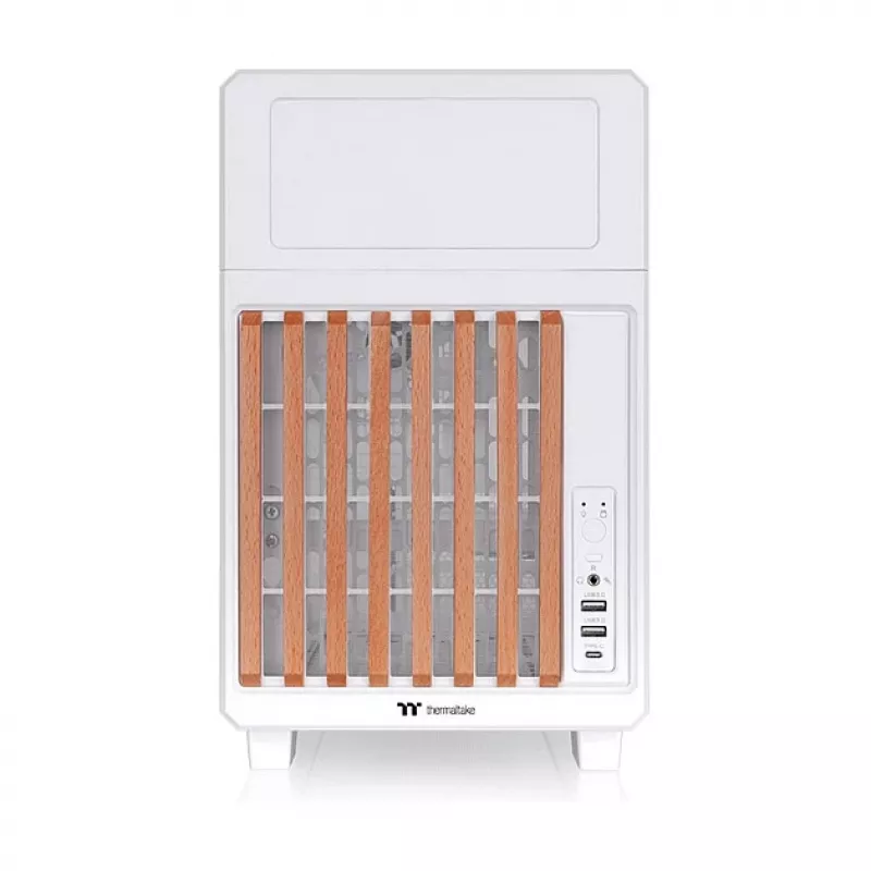 Thermaltake TR200 WS Snow White — Micro-ATX PC korpuss, siets ar īstu koka priekšējo apdari, 1x 120mm ventilators, USB-C, 360mm radiators / 365mm GPU atbalsts