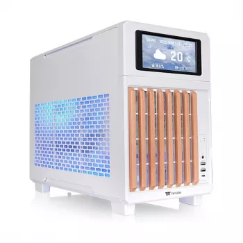 Thermaltake TR200 WS Snow White — Micro-ATX PC korpuss, siets ar īstu koka priekšējo apdari, 1x 120mm ventilators, USB-C, 360mm radiators / 365mm GPU atbalsts