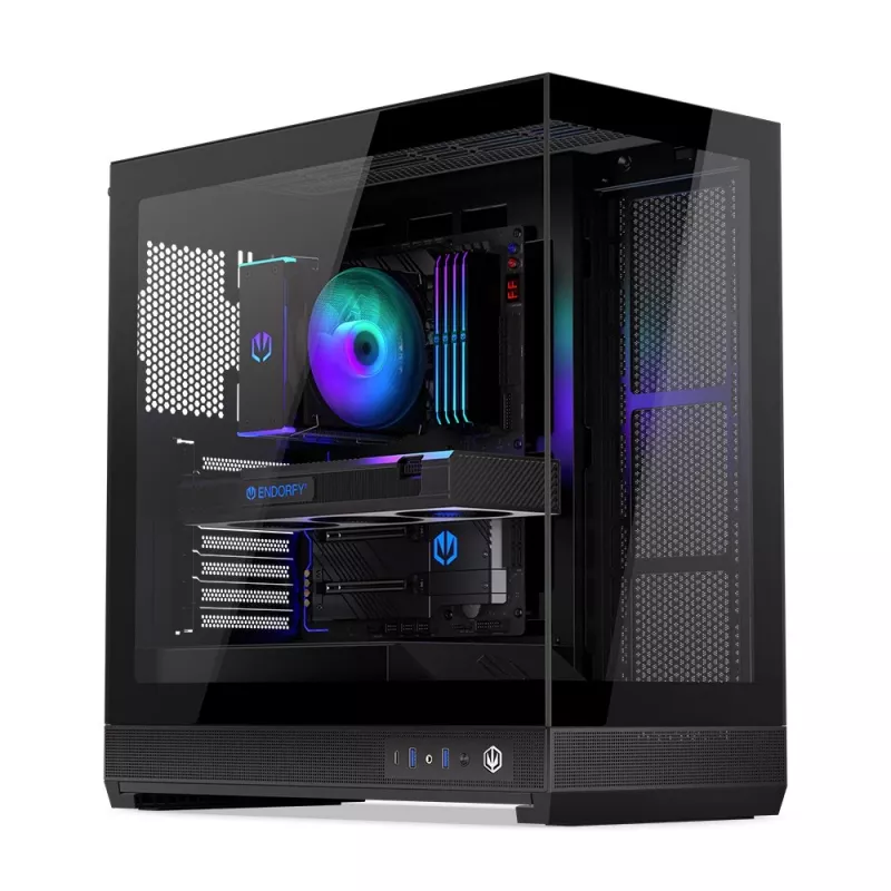 ENDORFY Fishtank 6000 Flex Mid-Tower PC korpuss - Melns, dubultrūdīts stikls, USB-C, E-ATX, Back-Connect Ready (bez ventilatoriem)