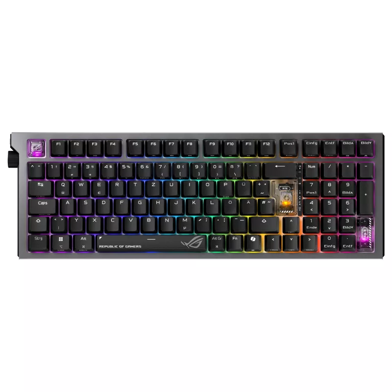 ASUS ROG Strix Morph 96 bezvadu spēļu tastatūra, 96% izkārtojums, ROG NX Snow slēdži, karsti nomaināmi, trīs režīmu savienojamība, melna