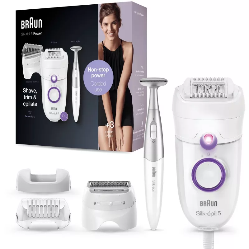 Braun Silk-épil 5 5-825 Power Epilators, Balts/Rozā, 28 pincetes, MicroGrip, vads