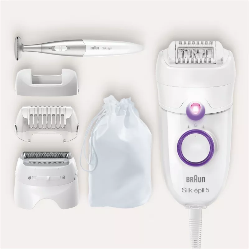 Braun Silk-épil 5 5-825 Power Epilators, Balts/Rozā, 28 pincetes, MicroGrip, vads