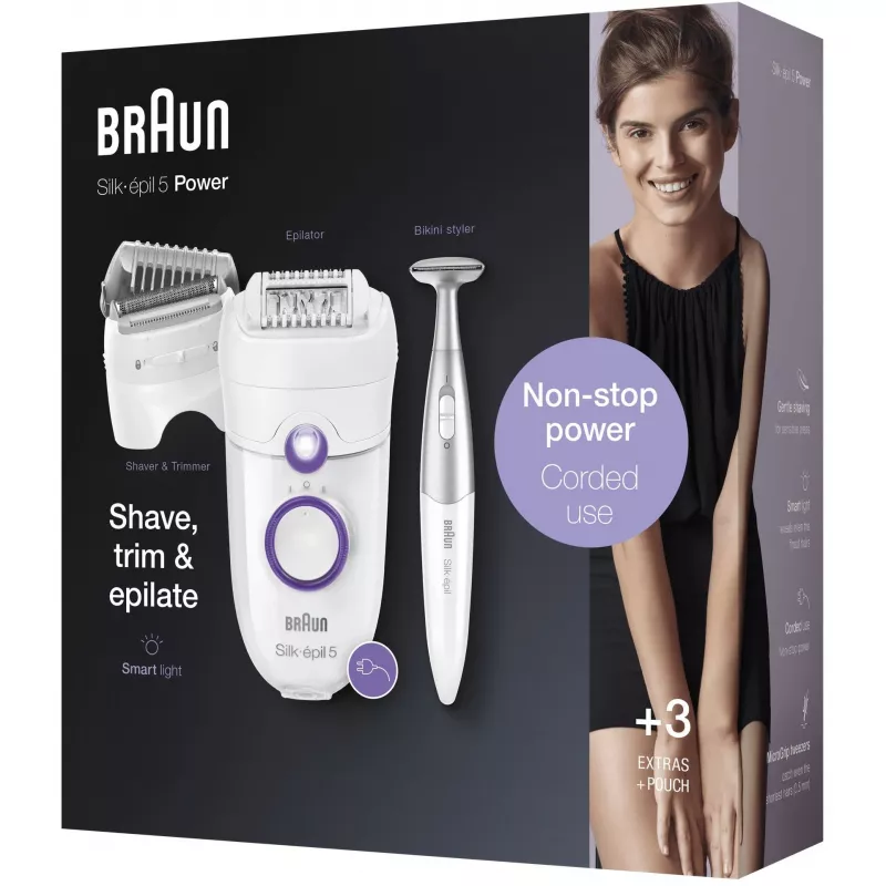 Braun Silk-épil 5 5-825 Power Epilators, Balts/Rozā, 28 pincetes, MicroGrip, vads