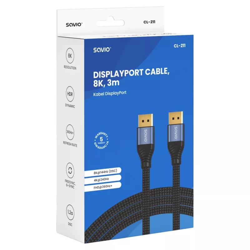 SAVIO CL-211 DisplayPort 2.1 kabelis 3m Melns