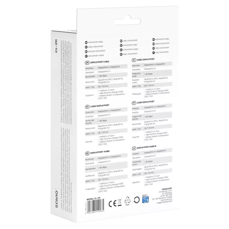 SAVIO CL-211 DisplayPort 2.1 kabelis 3m Melns