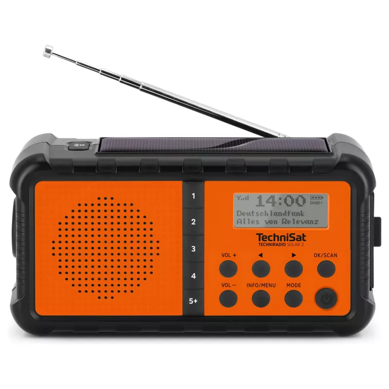 TechniSat TechniRadio Solar 2 DAB+/FM pārnēsājams radio ar saules paneli un rokas ģeneratoru, melns/oranžs