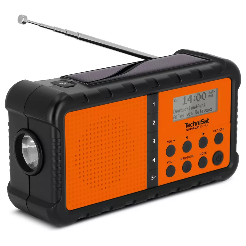 TechniSat TechniRadio Solar 2 DAB+/FM pārnēsājams radio ar saules paneli un rokas ģeneratoru, melns/oranžs