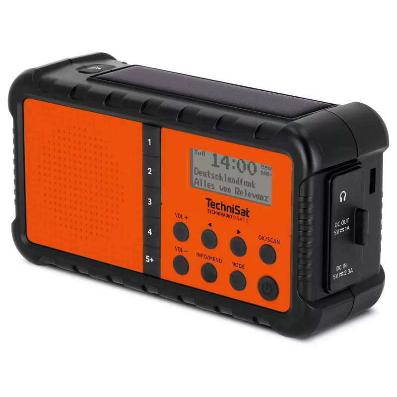 TechniSat TechniRadio Solar 2 DAB+/FM pārnēsājams radio ar saules paneli un rokas ģeneratoru, melns/oranžs