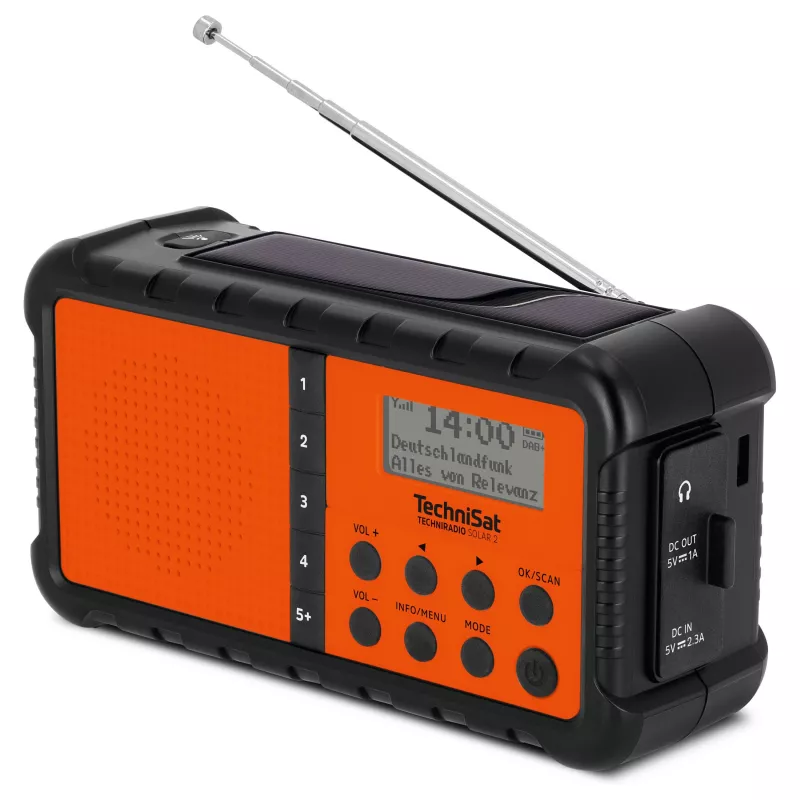 TechniSat TechniRadio Solar 2 DAB+/FM pārnēsājams radio ar saules paneli un rokas ģeneratoru, melns/oranžs