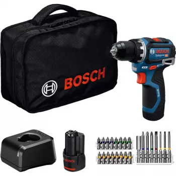 Bosch Professional GSR 12V-32 Bezvadu urbjskrūvgriezis, 12V, Zils/Melns, 2x 2,0 Ah Li-Ion akumulatori, 24 daļu piederumu komplekts, Instrumentu soma