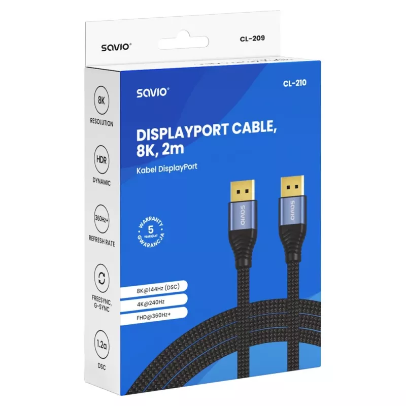 SAVIO CL-210 DisplayPort 2.1 kabelis 2m Melns