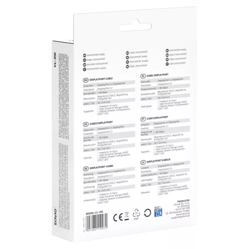 SAVIO CL-210 DisplayPort 2.1 kabelis 2m Melns