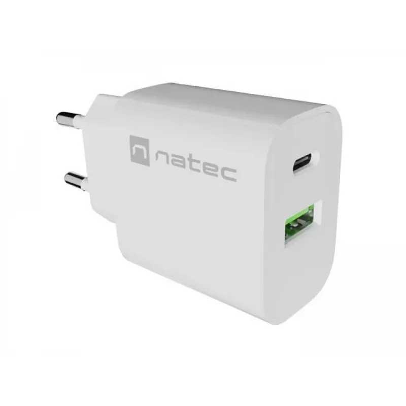 NATEC Ribera sienas lādētājs 1x USB-A + 1x USB-C 20W Balts