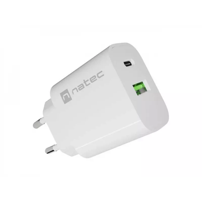 NATEC Ribera sienas lādētājs 1x USB-A + 1x USB-C 20W Balts