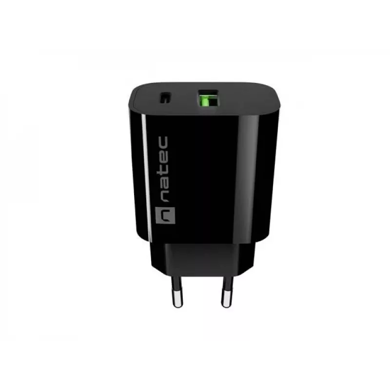 NATEC Ribera sienas lādētājs 1x USB-A + 1x USB-C 20W Melns