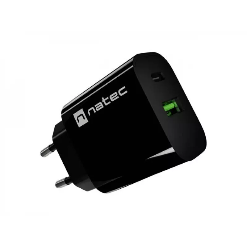 NATEC Ribera sienas lādētājs 1x USB-A + 1x USB-C 20W Melns