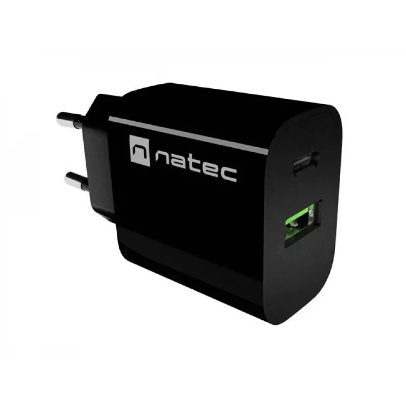 NATEC Ribera sienas lādētājs 1x USB-A + 1x USB-C 20W Melns