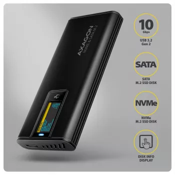 AXAGON EEM2-SD2B ārējais korpuss 10Gbps M.2 NVMe/SATA SSD ar LED displeju, USB-C, melns