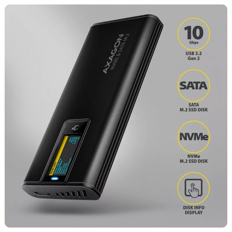 AXAGON EEM2-SD2B ārējais korpuss 10Gbps M.2 NVMe/SATA SSD ar LED displeju, USB-C, melns
