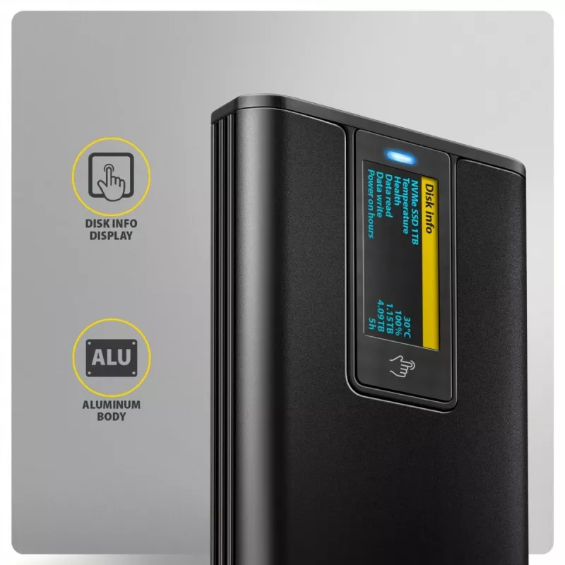 AXAGON EEM2-SD2B ārējais korpuss 10Gbps M.2 NVMe/SATA SSD ar LED displeju, USB-C, melns