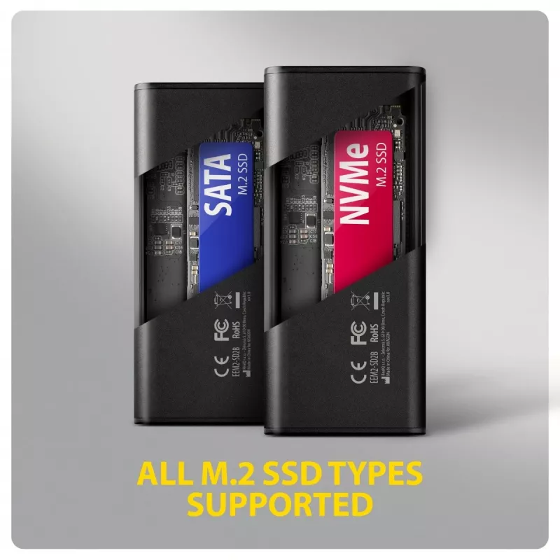AXAGON EEM2-SD2B ārējais korpuss 10Gbps M.2 NVMe/SATA SSD ar LED displeju, USB-C, melns