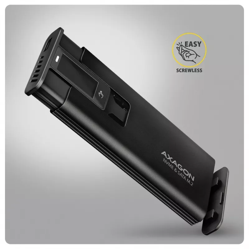 AXAGON EEM2-SD2B ārējais korpuss 10Gbps M.2 NVMe/SATA SSD ar LED displeju, USB-C, melns
