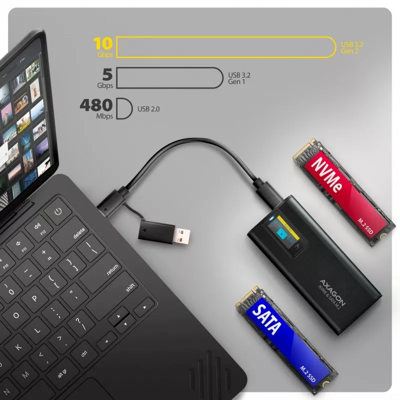 AXAGON EEM2-SD2B ārējais korpuss 10Gbps M.2 NVMe/SATA SSD ar LED displeju, USB-C, melns