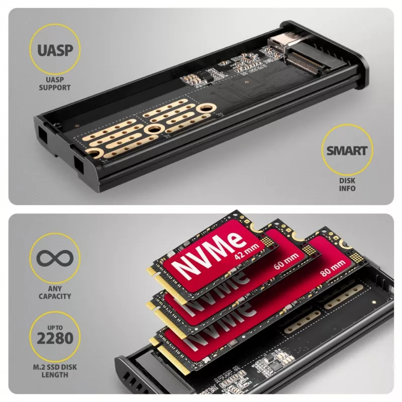 AXAGON EEM2-SD2B ārējais korpuss 10Gbps M.2 NVMe/SATA SSD ar LED displeju, USB-C, melns