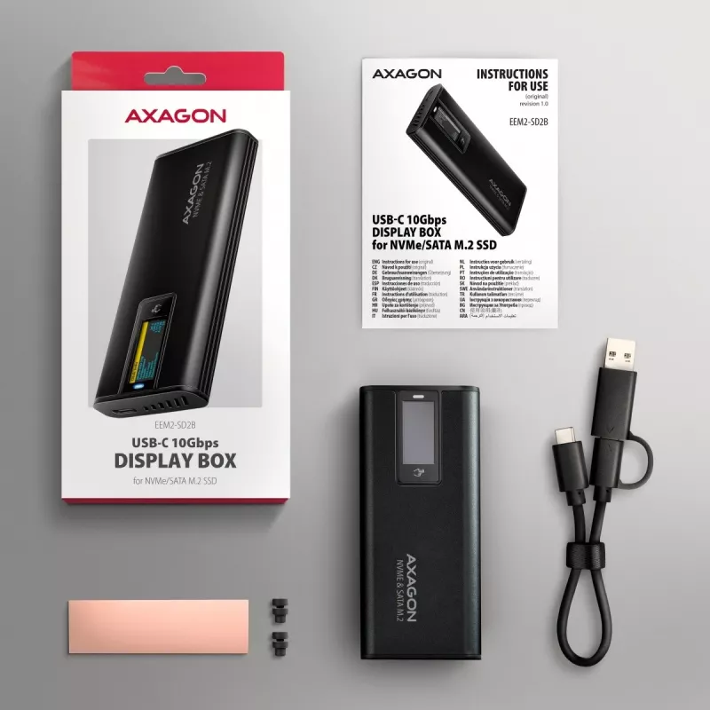 AXAGON EEM2-SD2B ārējais korpuss 10Gbps M.2 NVMe/SATA SSD ar LED displeju, USB-C, melns