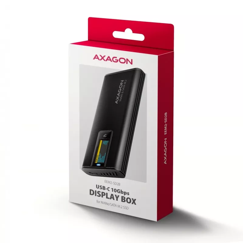 AXAGON EEM2-SD2B ārējais korpuss 10Gbps M.2 NVMe/SATA SSD ar LED displeju, USB-C, melns