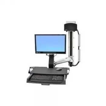 Ergotron StyleView Sit-Stand Combo System ar darba virsmu un mazu melnu CPU turētāju