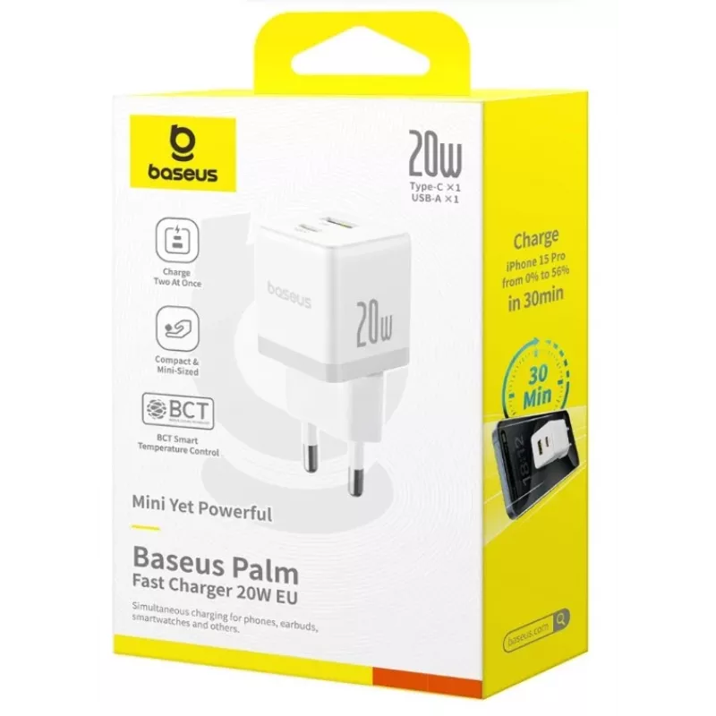 Baseus Palm 65W GaN5 USB-C ātrais lādētājs balts
