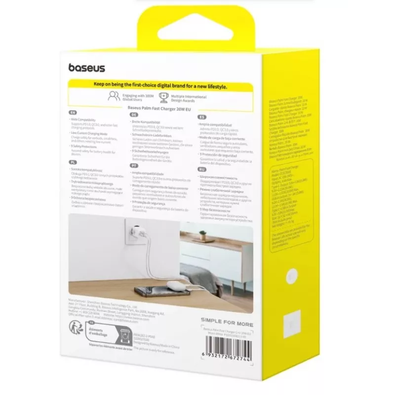 Baseus Palm 65W GaN5 USB-C ātrais lādētājs balts