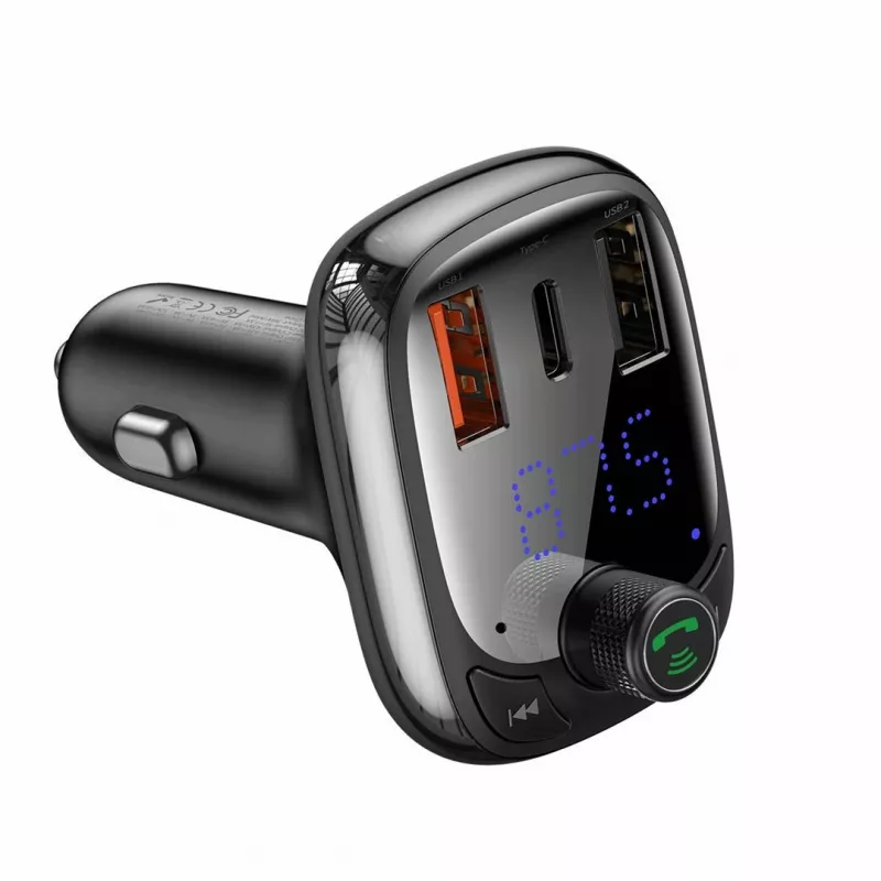 Baseus S-13 Bluetooth FM raidītājs automašīnas lādētājs ar QC 3.0/4.0 PD, brīvroku zvanīšanu, LED displeju, melns