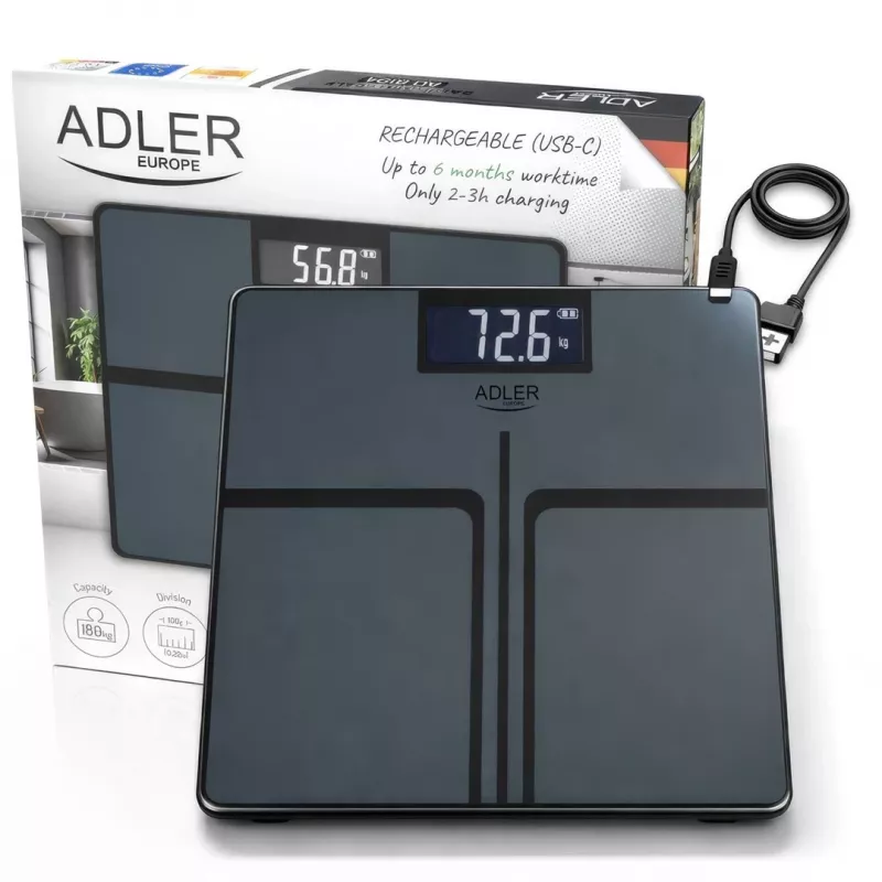 Adler AD 8194s digitālie svari vannasistabai, balti, ar svītru rakstu, 180 kg ietilpība