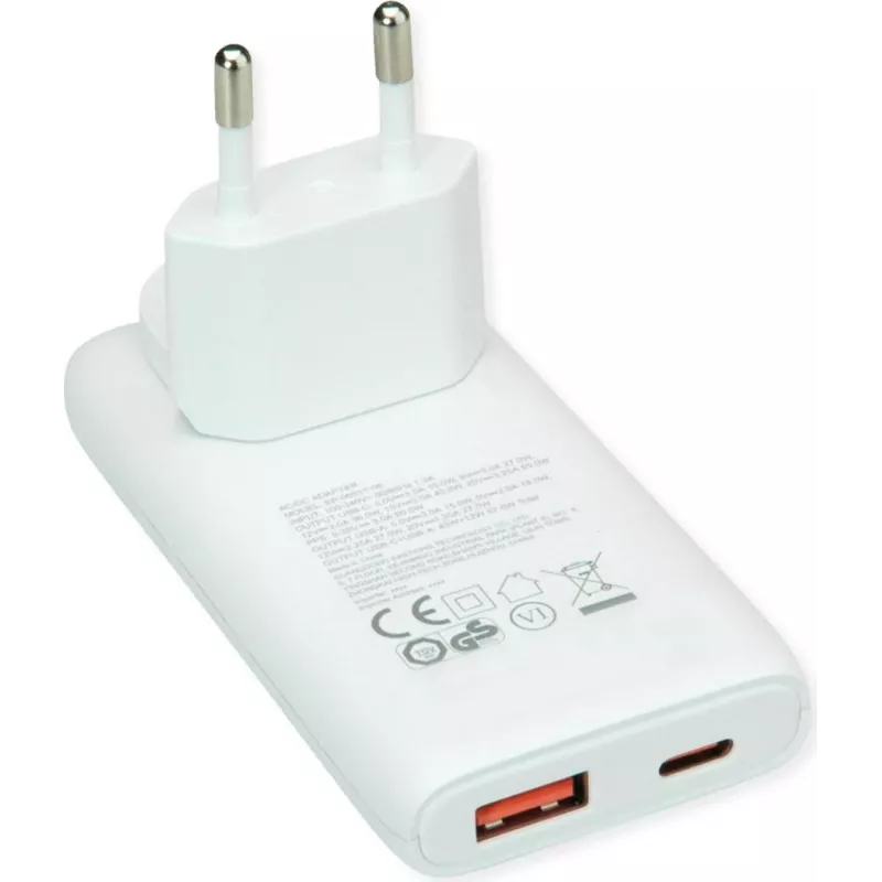 VALUE USB Wall Charger, EU/US Plug, 2x USB (A+C), 65W