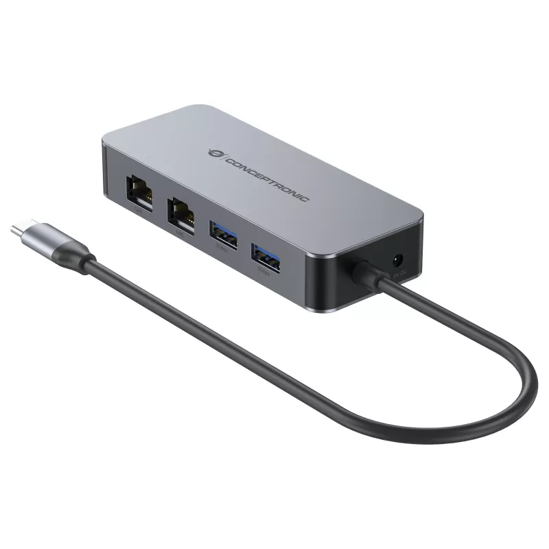 CONCEPTRONIC USB-C uz 2x Gigabit Ethernet + 2x USB-A 3.2 Gen 1 adapteris, 0,3 m, pelēks