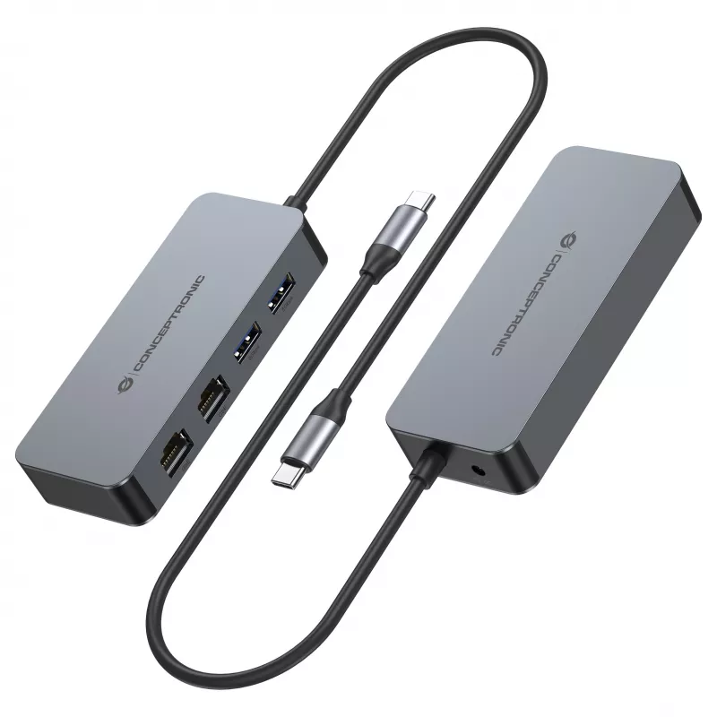 CONCEPTRONIC USB-C uz 2x Gigabit Ethernet + 2x USB-A 3.2 Gen 1 adapteris, 0,3 m, pelēks