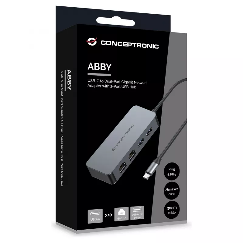 CONCEPTRONIC USB-C uz 2x Gigabit Ethernet + 2x USB-A 3.2 Gen 1 adapteris, 0,3 m, pelēks