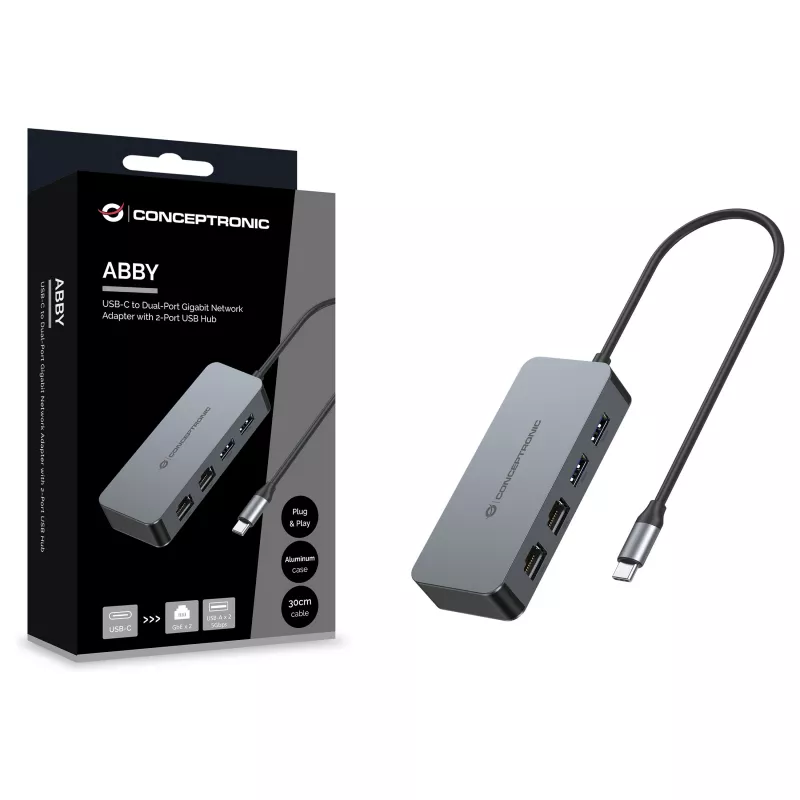 CONCEPTRONIC USB-C uz 2x Gigabit Ethernet + 2x USB-A 3.2 Gen 1 adapteris, 0,3 m, pelēks