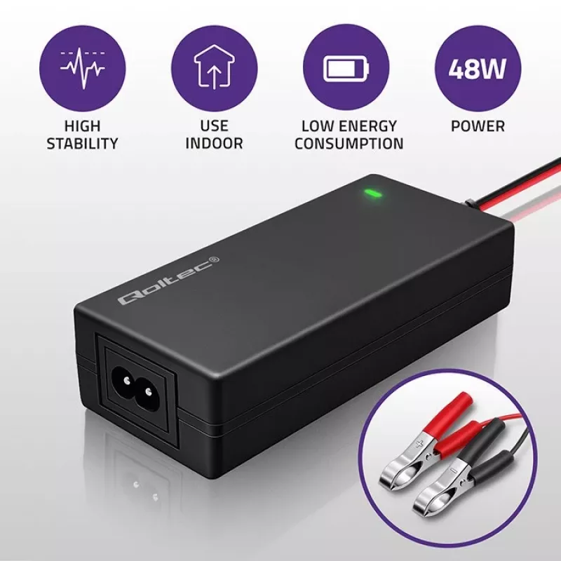 Qoltec 52665 Automātiskais akumulatoru lādētājs AGM GEL STD akumulatoriem, 24V 2A 48W, LED indikators, 1,8m kabelis