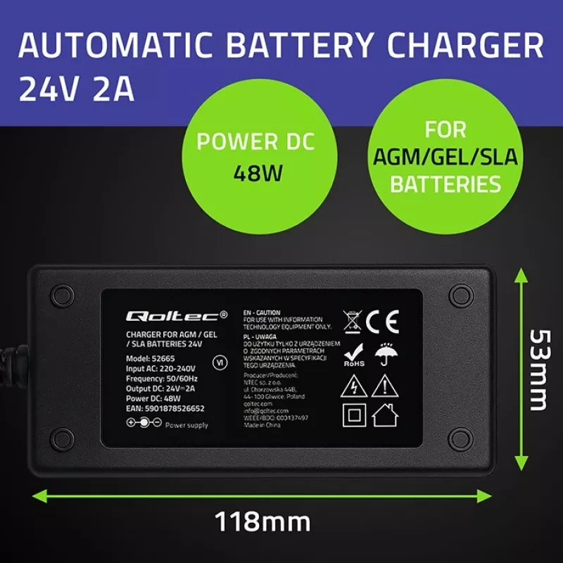 Qoltec 52665 Automātiskais akumulatoru lādētājs AGM GEL STD akumulatoriem, 24V 2A 48W, LED indikators, 1,8m kabelis