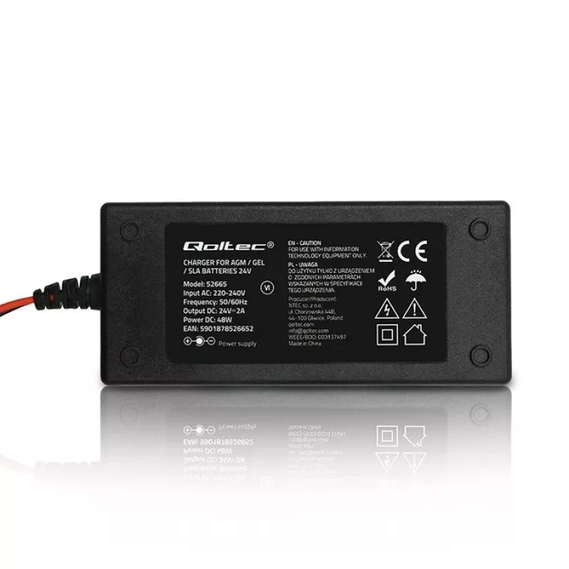 Qoltec 52665 Automātiskais akumulatoru lādētājs AGM GEL STD akumulatoriem, 24V 2A 48W, LED indikators, 1,8m kabelis