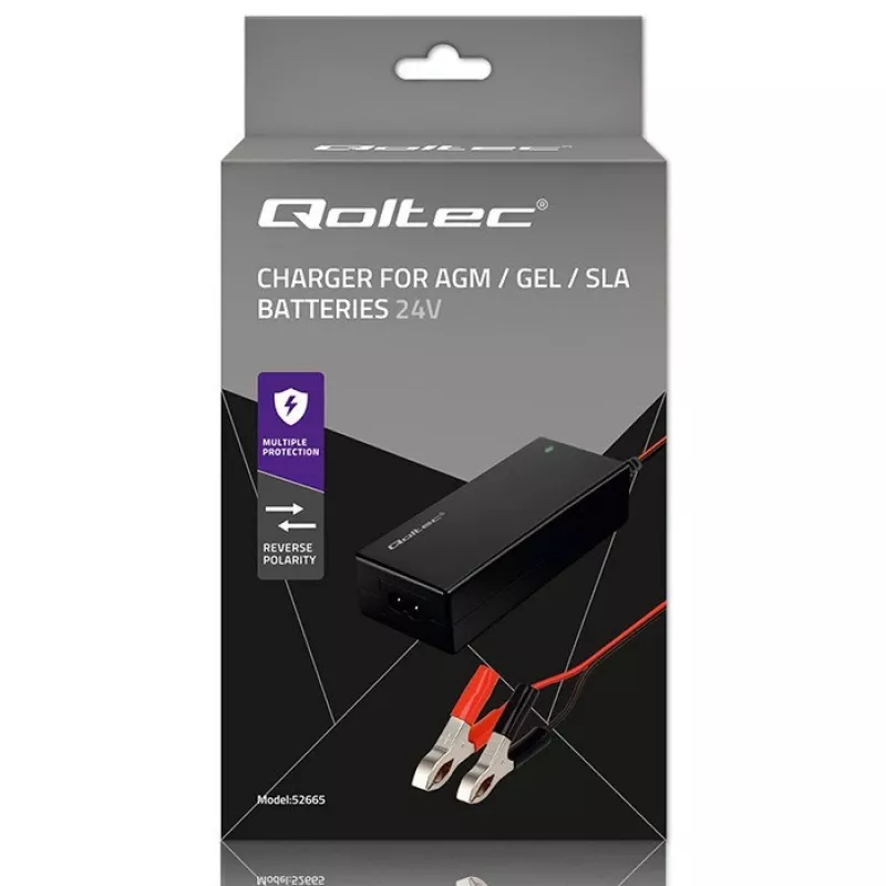 Qoltec 52665 Automātiskais akumulatoru lādētājs AGM GEL STD akumulatoriem, 24V 2A 48W, LED indikators, 1,8m kabelis