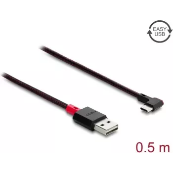 Delock EASY-USB 2.0 kabelis, USB Type-A vīrišķais uz USB Type-C vīrišķo, leņķveida pa kreisi/pa labi, 0,5 m, melns (81545)