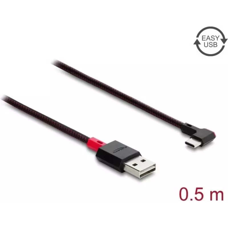 Delock EASY-USB 2.0 kabelis, USB Type-A vīrišķais uz USB Type-C vīrišķo, leņķveida pa kreisi/pa labi, 0,5 m, melns (81545)