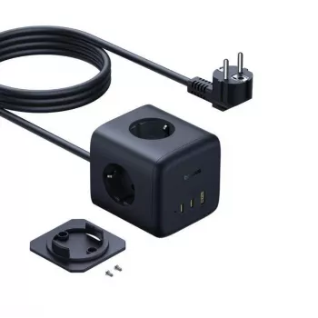 Baseus EnerFill FA11 67W Power Strip Cube ar 3 EU kontaktligzdām, 2 USB-C un 1 USB-A, 1,5m kabeli, melns